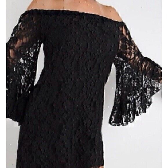 Elan Floral Lace Off the Shoulder Black Romantic Flare Sleeve Mini Dress Sz. L - Picture 1 of 10